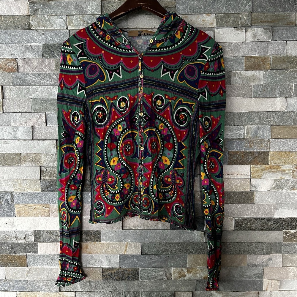 John Galliano 2002 Jacquard Abstract Button Front Hooded Sweatshirt Viscose M